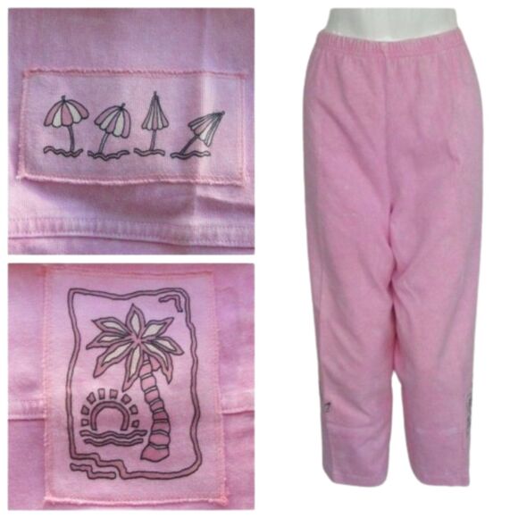 PRODUCE COMPANY Pants, L, Pink, Cropped, Elastic Waist, Umbrellas, Tree - Picture 1 of 12